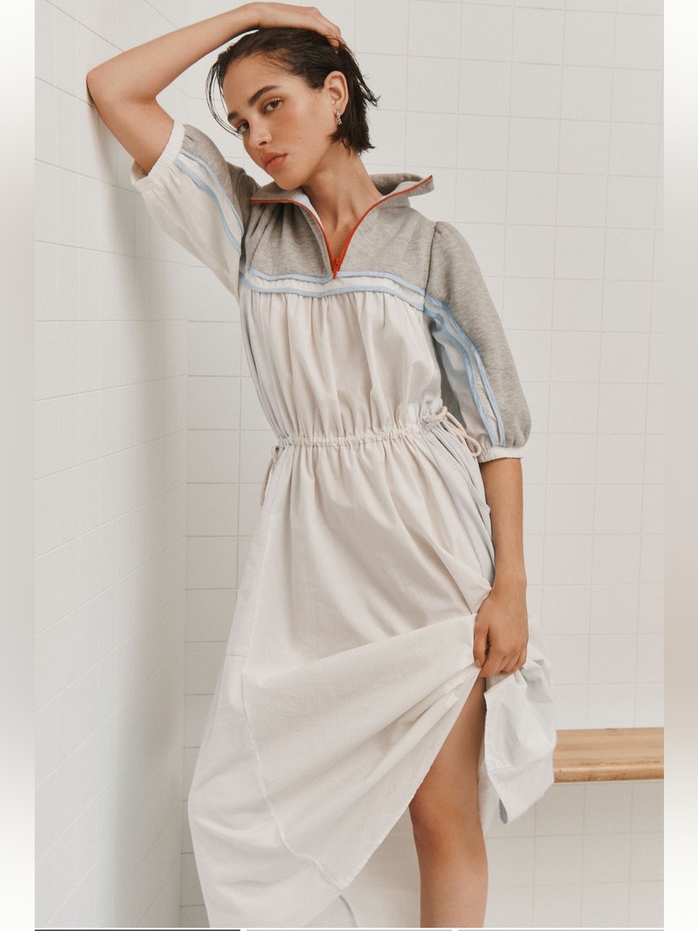 Anthropologie Gray and White Maxi Dress with Blue Trim